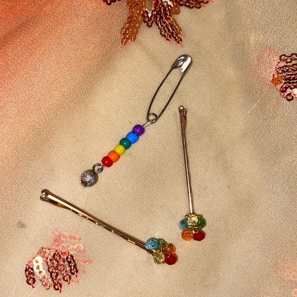 Handmade PRIDE Rainbow Pin & Crystal Wired Hair Rose Goldtone Bobby Pins - Picture 1 of 3